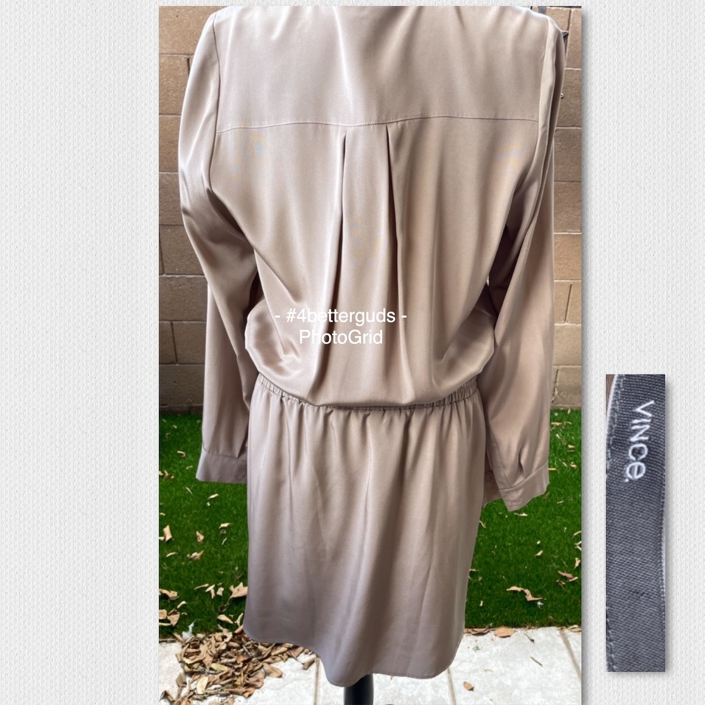 NEW Vince. 100% Silk Mink Nude Color Drawstring Waist Long Sleeve Shirt Dress 12 - Picture 15 of 16
